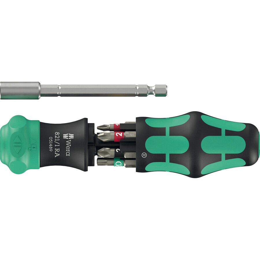 Kraftform Kompakt 28 RA 1, bit set black/green, 6-piece, 1/4, with ratchet function and stainless steel bit holder