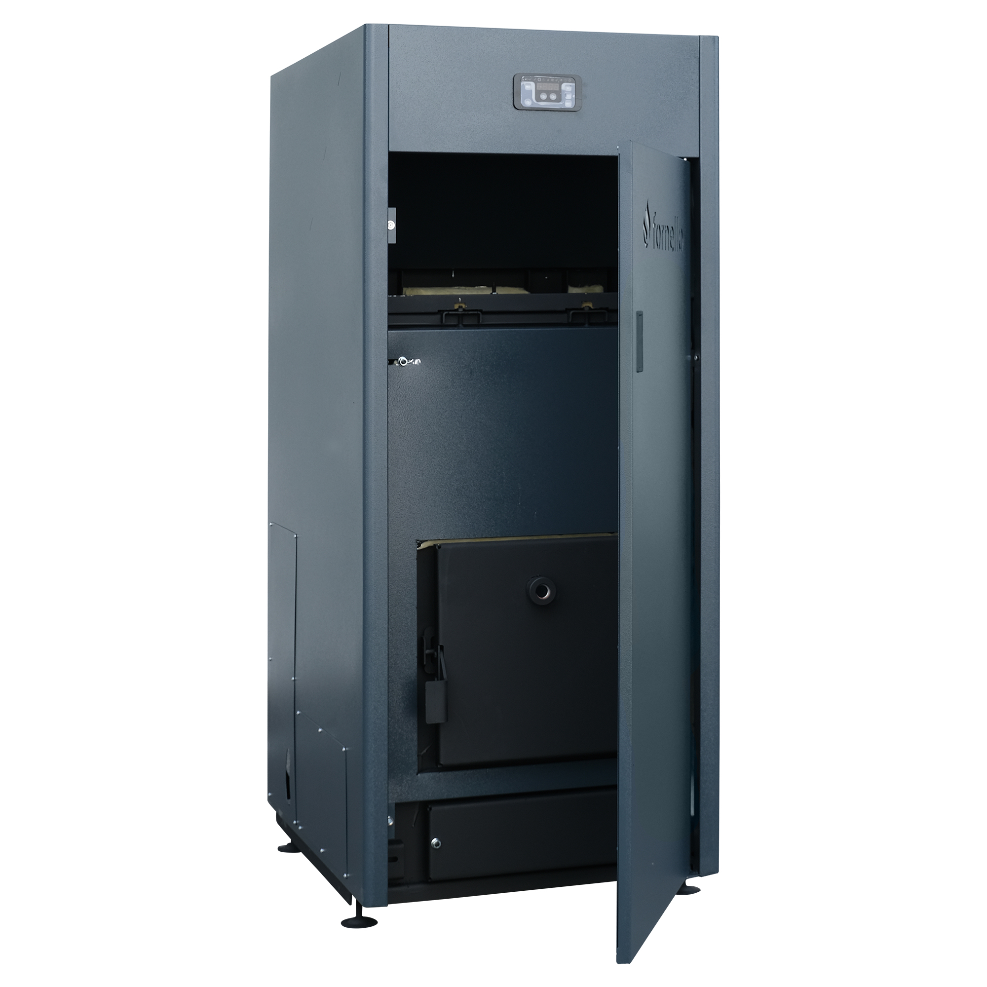 Pachet control de la distanta Centrala pe peleti Fornello King Plus 25 KW termostat pompa de circulatie vas de expansiune supapa de siguranta automatizare rezervor pentru peleti 100 kg creuzet din fonta tiraj fortat