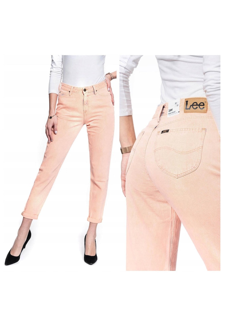 Blugi Dama -  Mom 28/31 - Portocalii - Bumbac - Zipper - Dungi Lungi - 7 Buzunare 2 Mari 2 Medii Externe1 Mic Intern - Talie Inalta
