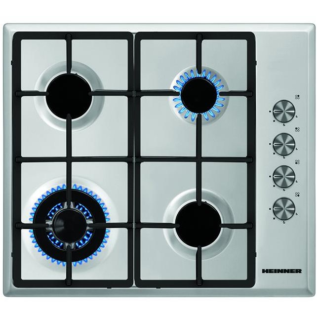 Plita incorporabila Heinner HBH-S584WI-IX, Gaz, 4 Arzatoare, Aprindere electrica, Gratar fonta, WOK, Inox