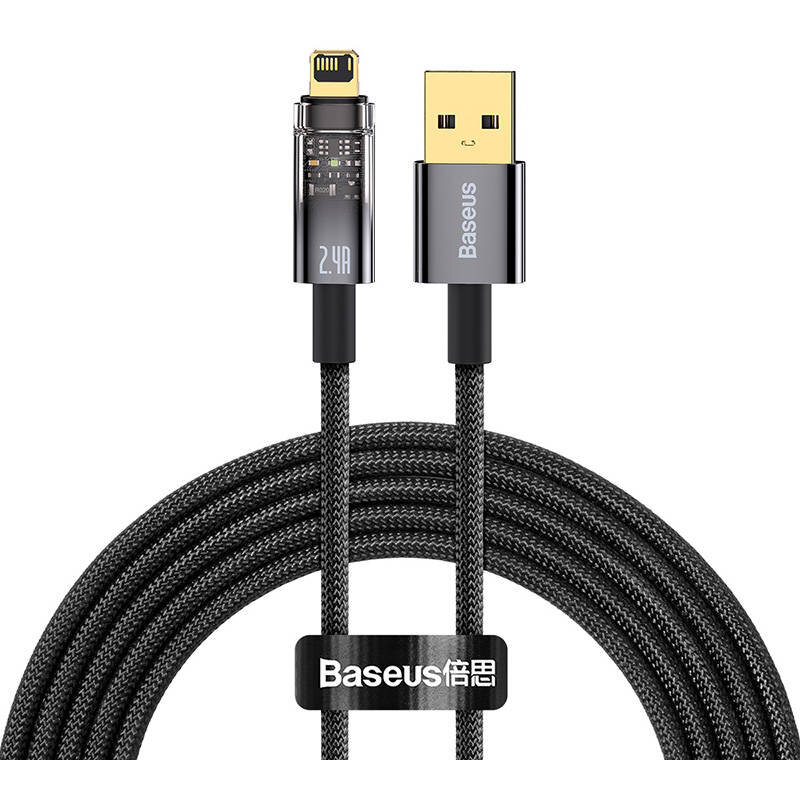 Cablu de date Explorer Auto Power Off, USB/Lightning, 2.4A, 2m, Negru