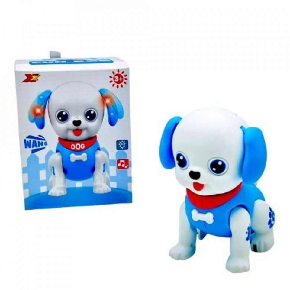Catelus interactiv cu muzica si lumini, Sare si merge, Fun Dog, alb/albastru