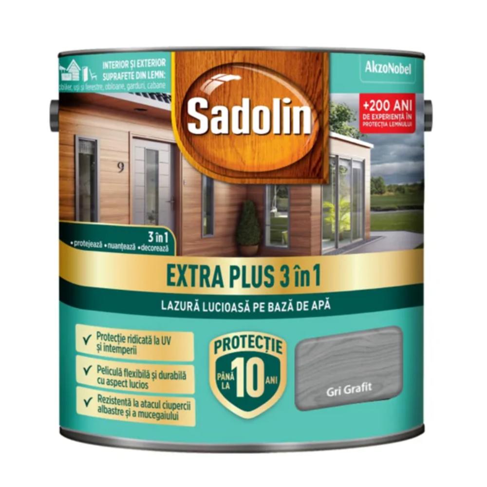 Lazura lucioasa pentru lemn Sadolin Extra Plus 3 in 1, interior/exterior, gri grafit, 2.5 l