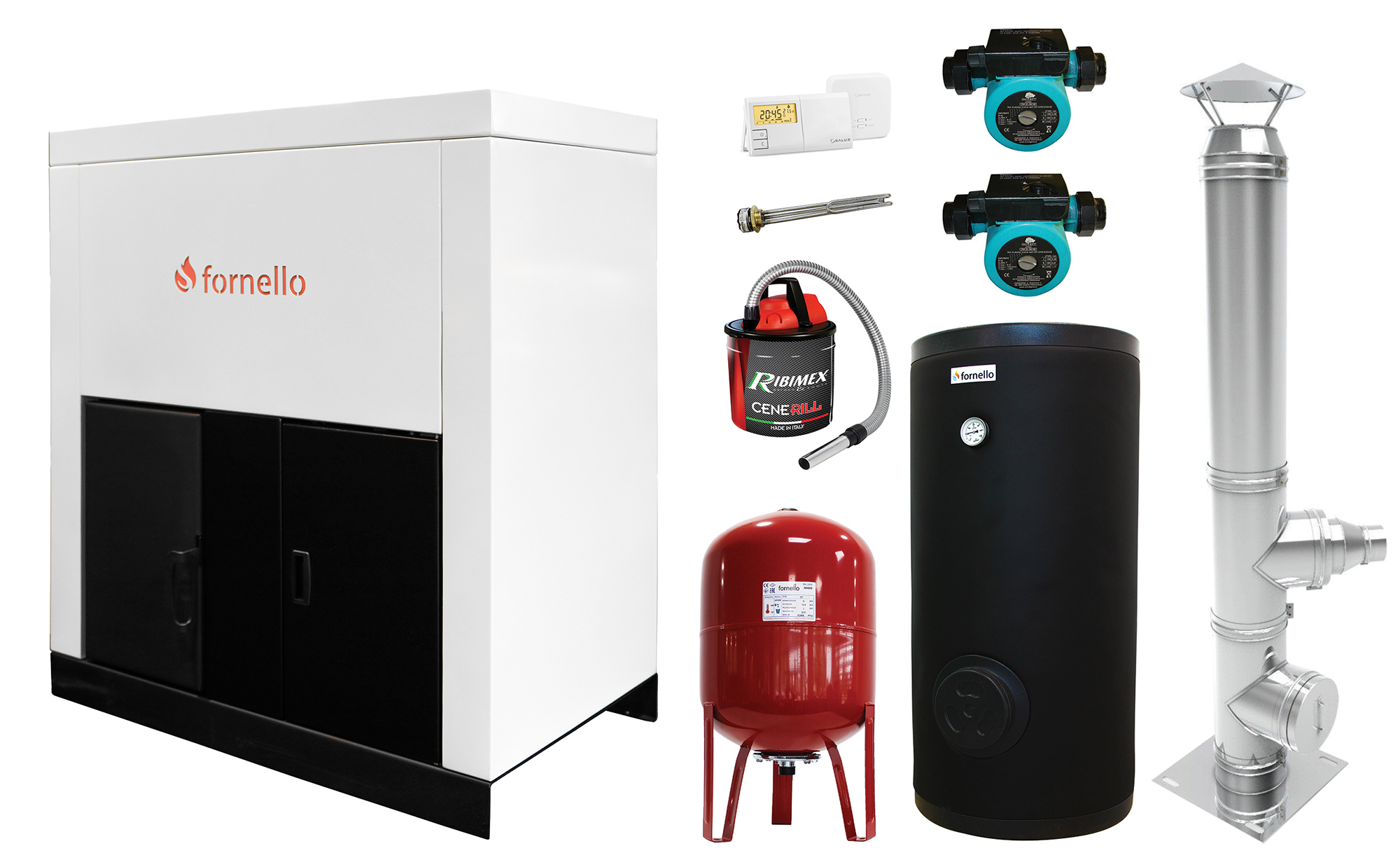Pachet format din Centrala pe peleti Fornello Eco Energy 35 kW Pompe circulare Vas Expansiune Boiler termoelectric de sol Cos inox Termostat ambient si Aspirator cenusa