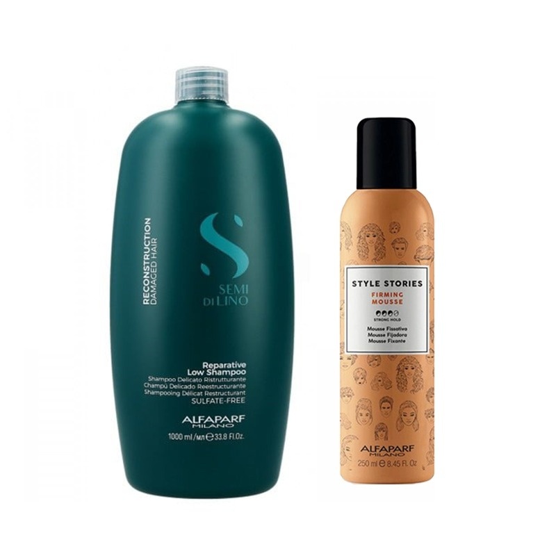 Set Alfaparf Semi di Lino Reconstruction – Sampon, 1000 ml + Spuma Style Stories Firming Mousse 250 ml