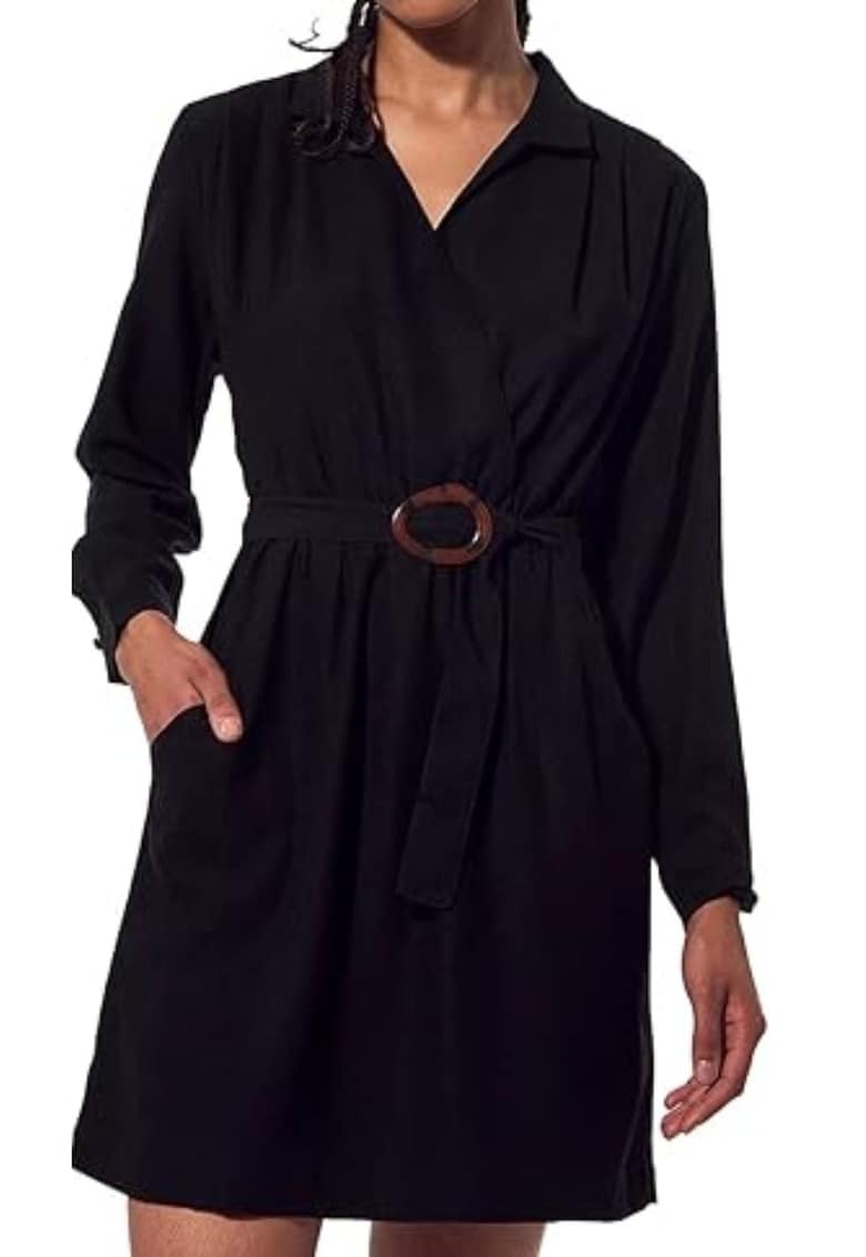 Oferte la Rochie  neagra - cu volane si curea - din poliester - pentru femei -