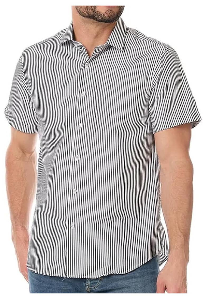 Oferte la Camasa barbati  dungi - alb negru - bumbac/poliester - croiala slim fit