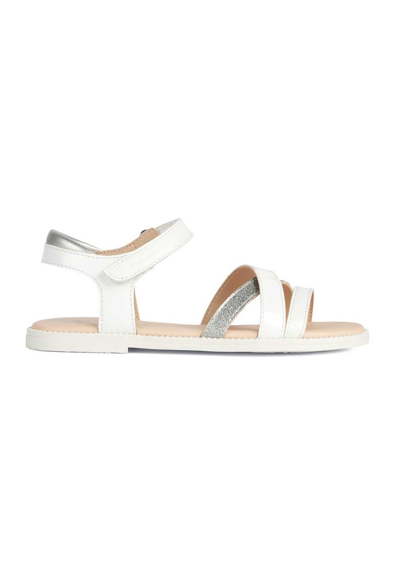 Sandale de piele ecologica cu velcro Karly - Alb/Argintiu