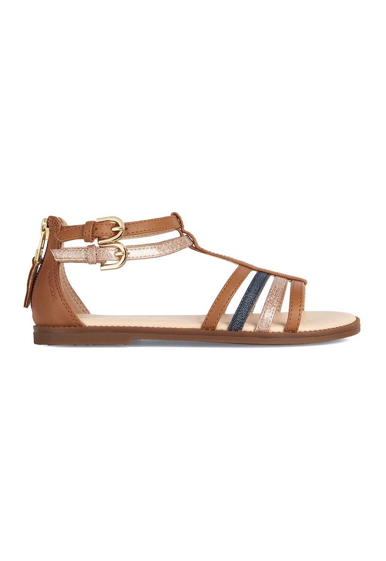 Sandale de piele ecologica cu garnituri textile si barete multiple Karly - Auriu/Maro scortisoara/Bleumarin