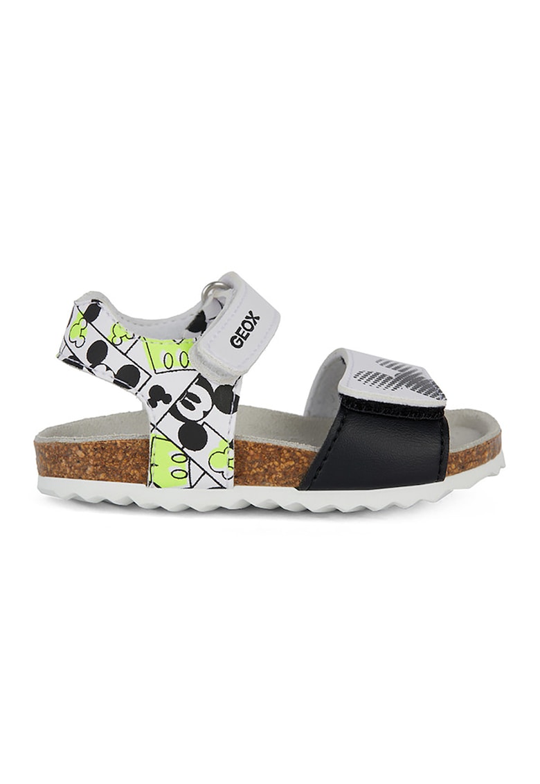 Sandale cu inchidere velcro si model Mickey Mouse - Alb/Negru/Verde neon