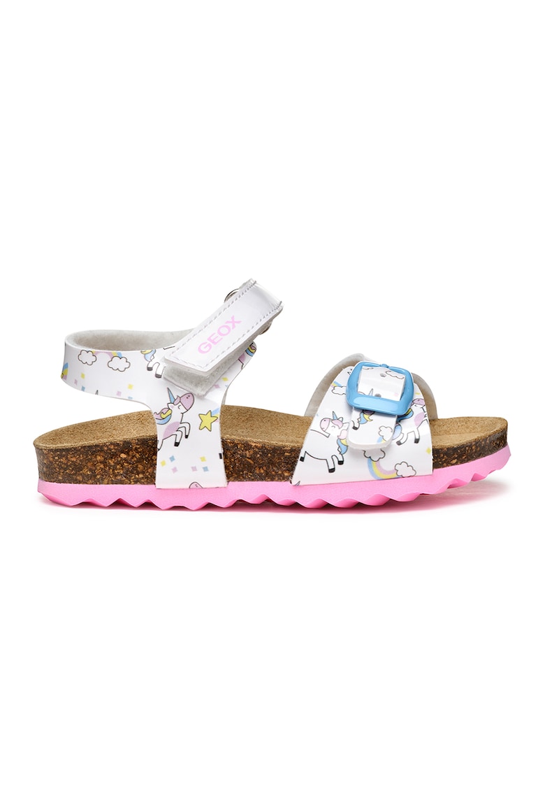 Sandale cu velcro si unicorn - Alb