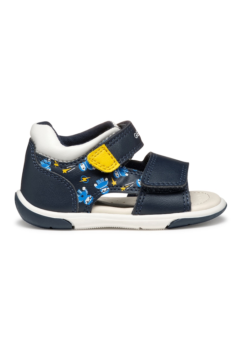 Sandale cu velcro de piele ecologica - Galben/Bleumarin