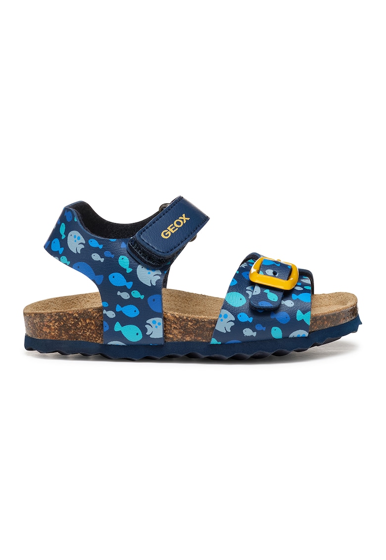 Sandale de piele ecologica cu velcro si model - Galben/Bleumarin
