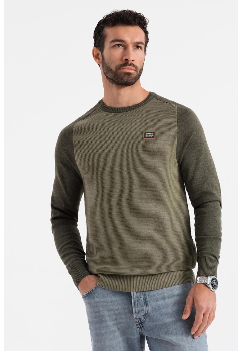 Pulover cu maneci contrastante - Verde sparanghel