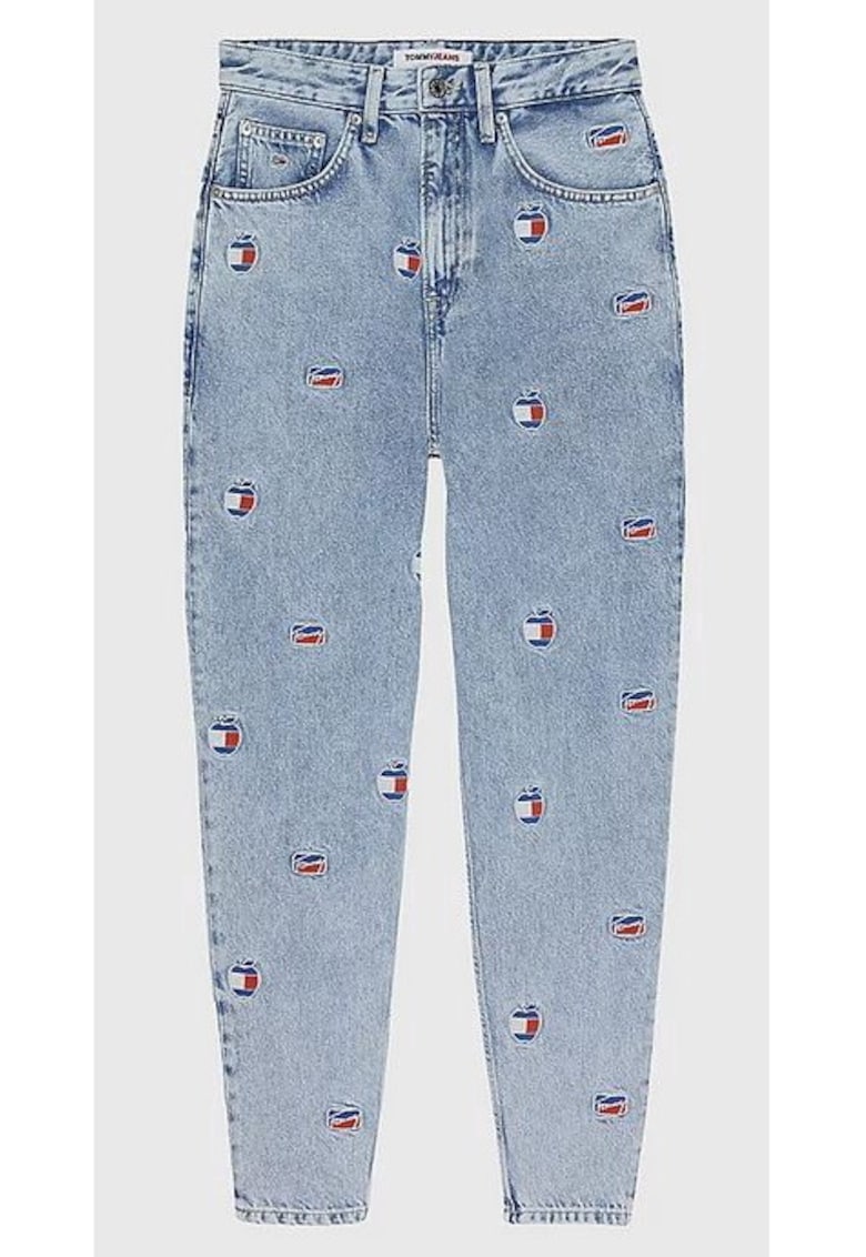 Blugi conici mom fit cu imprimeu logo -