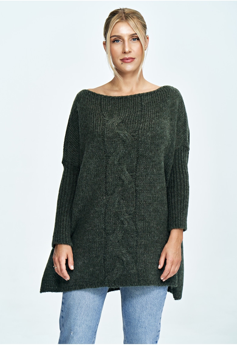 Pulover supradimensionat  decolteu larg - impletituri - verde - tricotaje cu lana -
