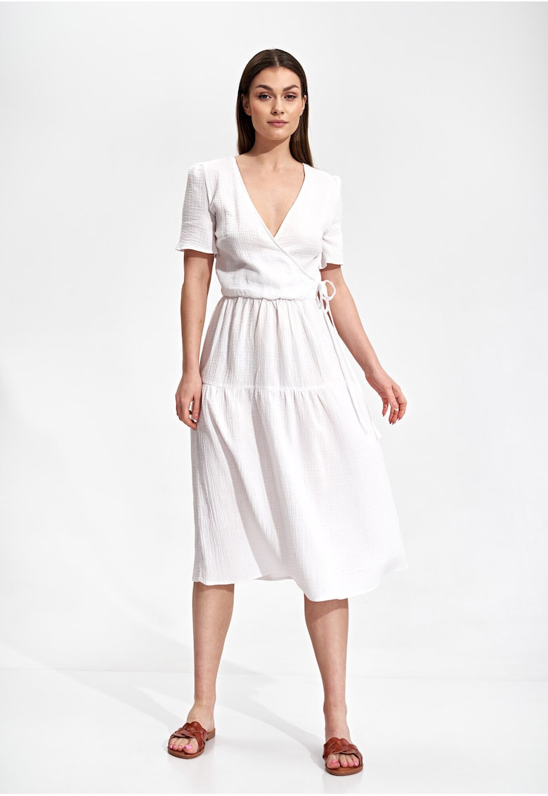 Rochie midi  bumbac 100% - alb - design minimalist - maneci scurte