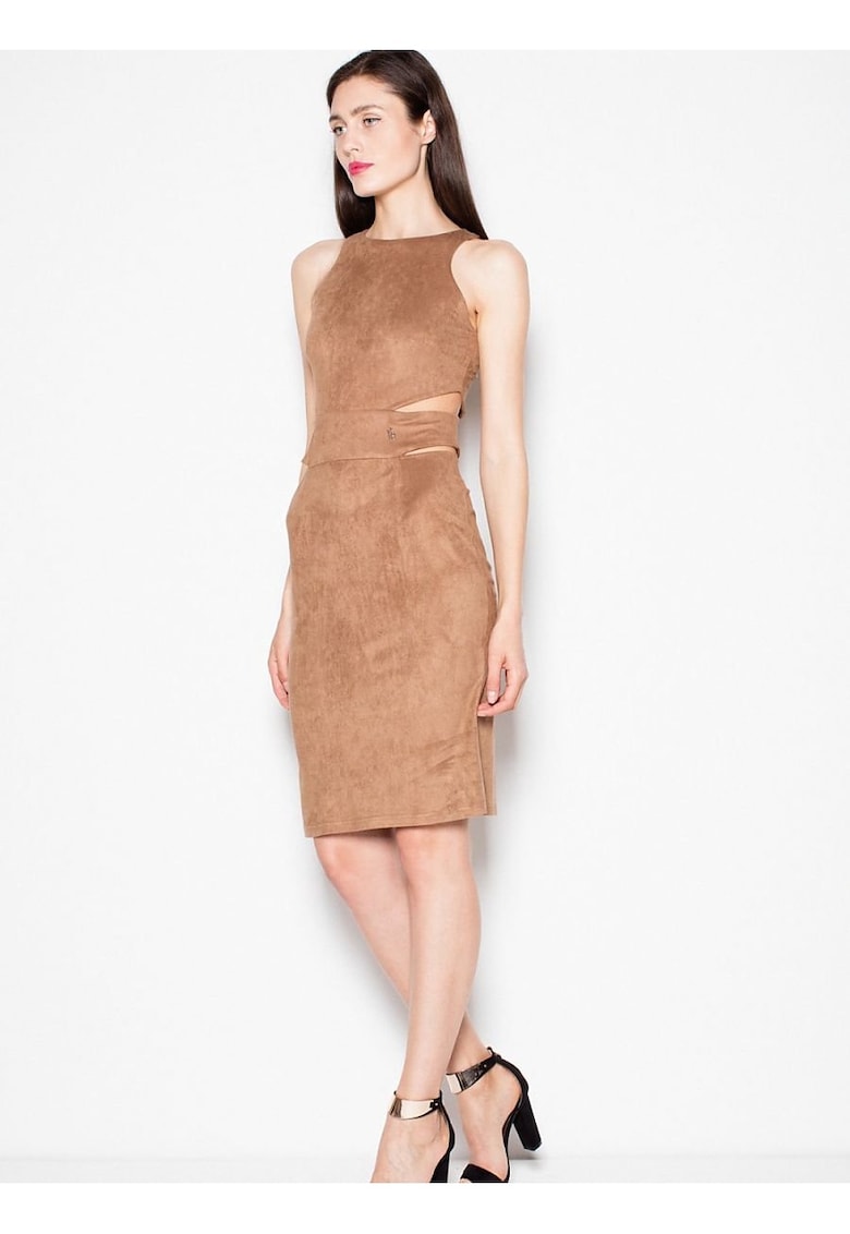 Rochie de seara  maro - imitatie piele de caprioara - decupaje talie - elastan 5%