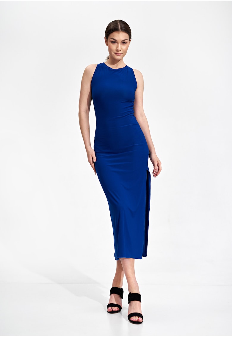 Rochie midi  albastra - fara maneci - poliester - design creion