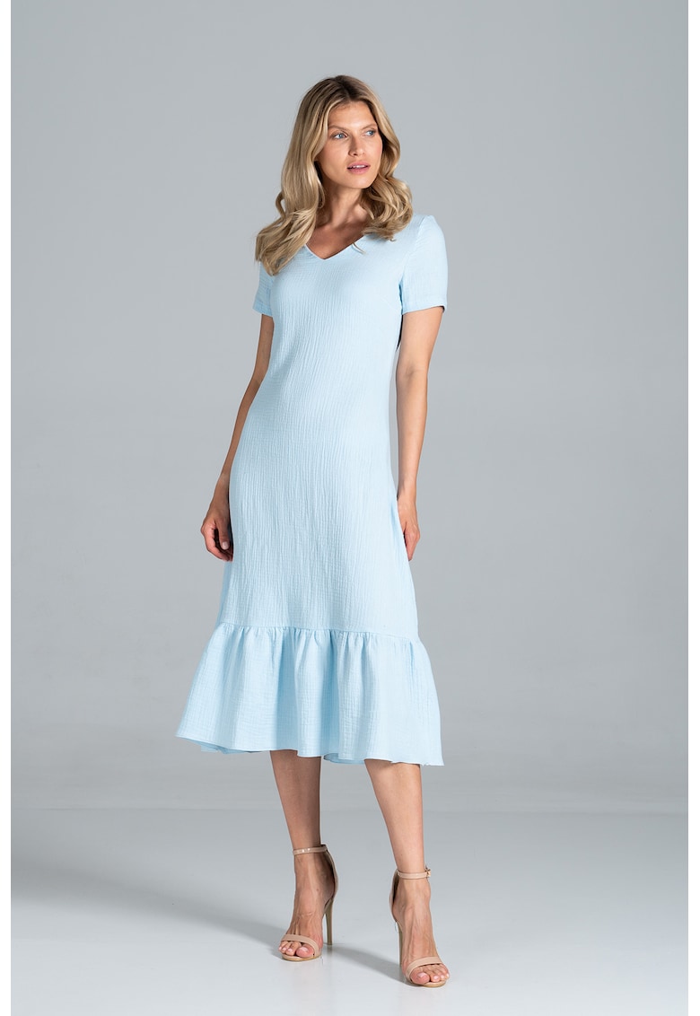 Rochie midi  albastru deschis - volane - maneci scurte - bumbac