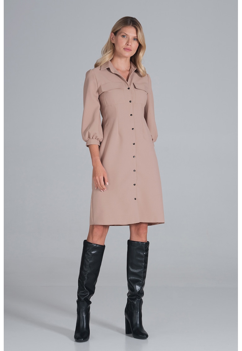 Rochie -  camasa - maneci bufante - bej - poliester