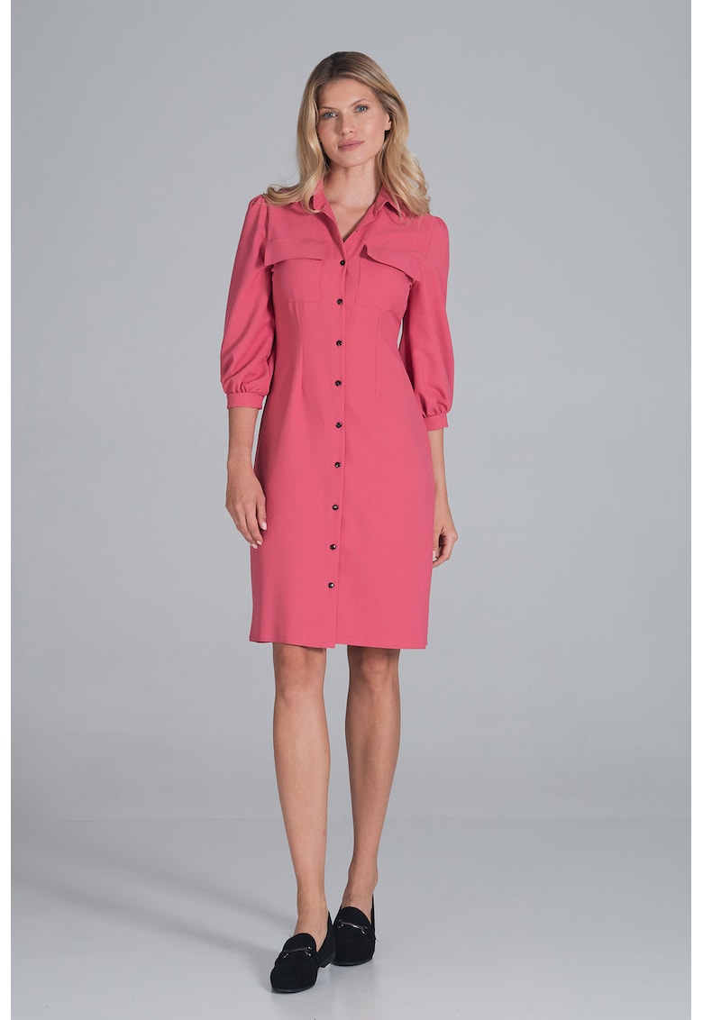 Rochie camasa  maneci bufante 3/4 - culoare coral - poliester