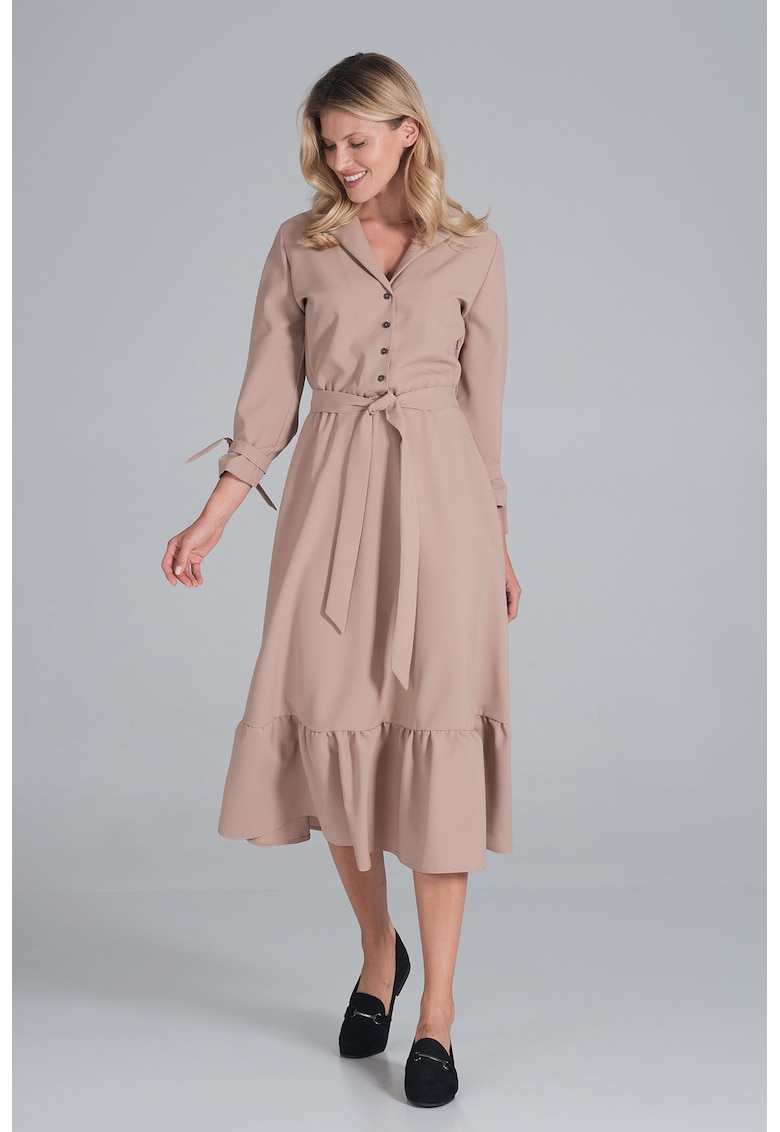 Rochie midi  bej cu curea - maneci lungi - poliester 100% -