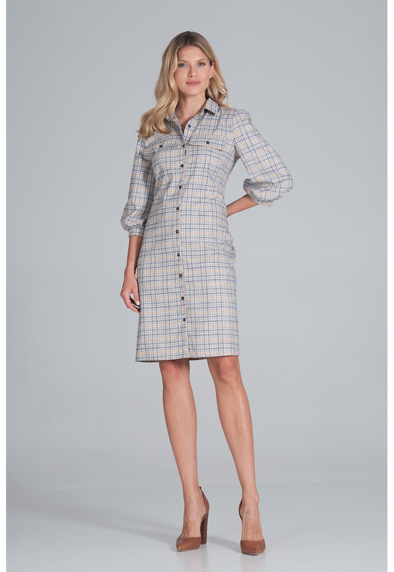 Rochie camasa  M849 - carouri - poliester - gri