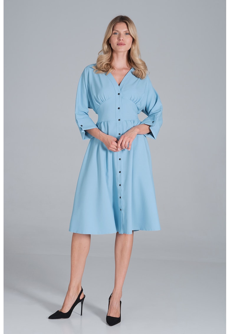 Oferte la Rochie midi  albastra - cu maneci 3/4 - cu nasturi - din poliester