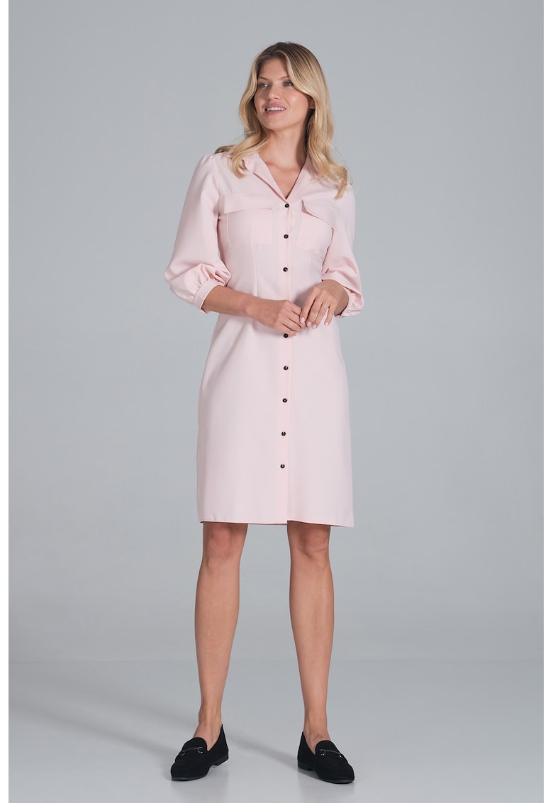 Rochie -  camasa - maneci bufante - roz - casual - poliester