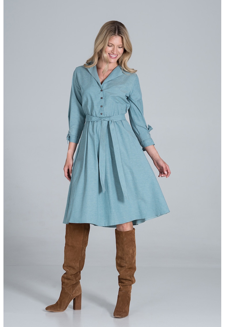 Rochie camasa midi cu centura  verde - bumbac 100%