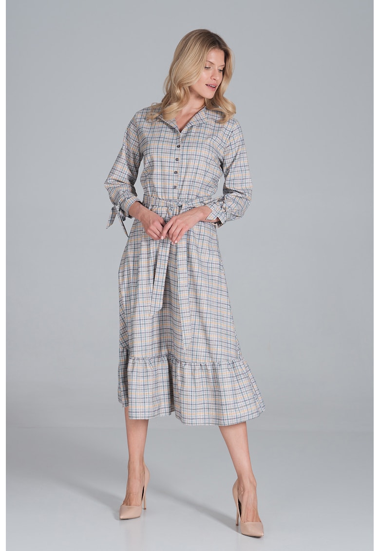 Rochie camasa  M840 Tipar 121 - cu curea - croi evazat - bej - poliester 100%