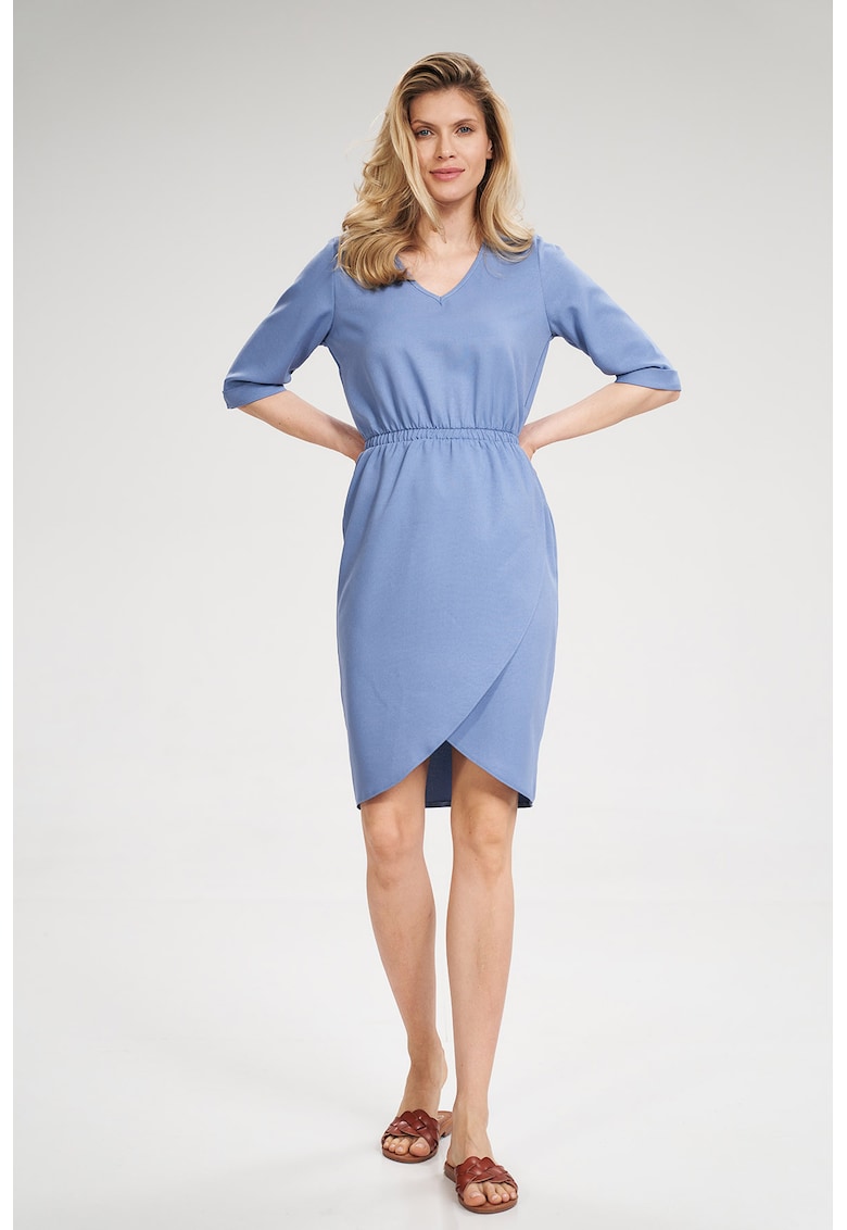 Rochie albastra  M702 - maneci scurte - decolteu in V - poliester 100%