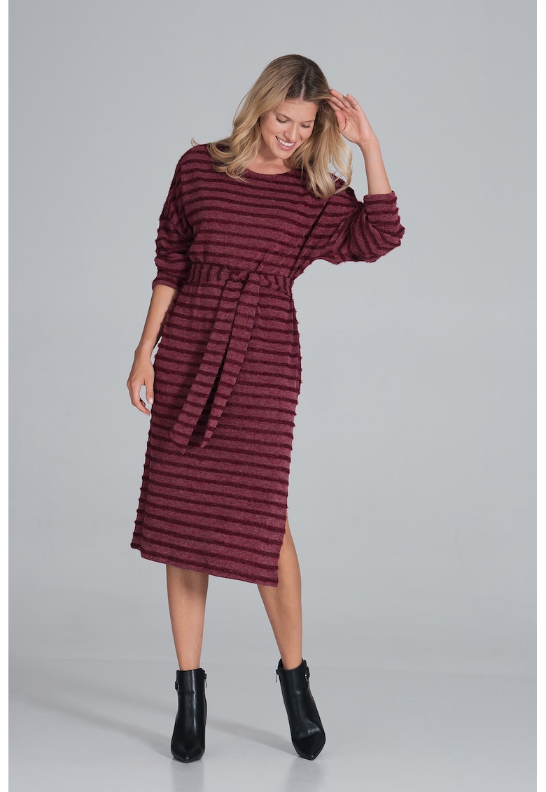Rochie  midi cu dungi - maneci lungi - visiniu - poliester -