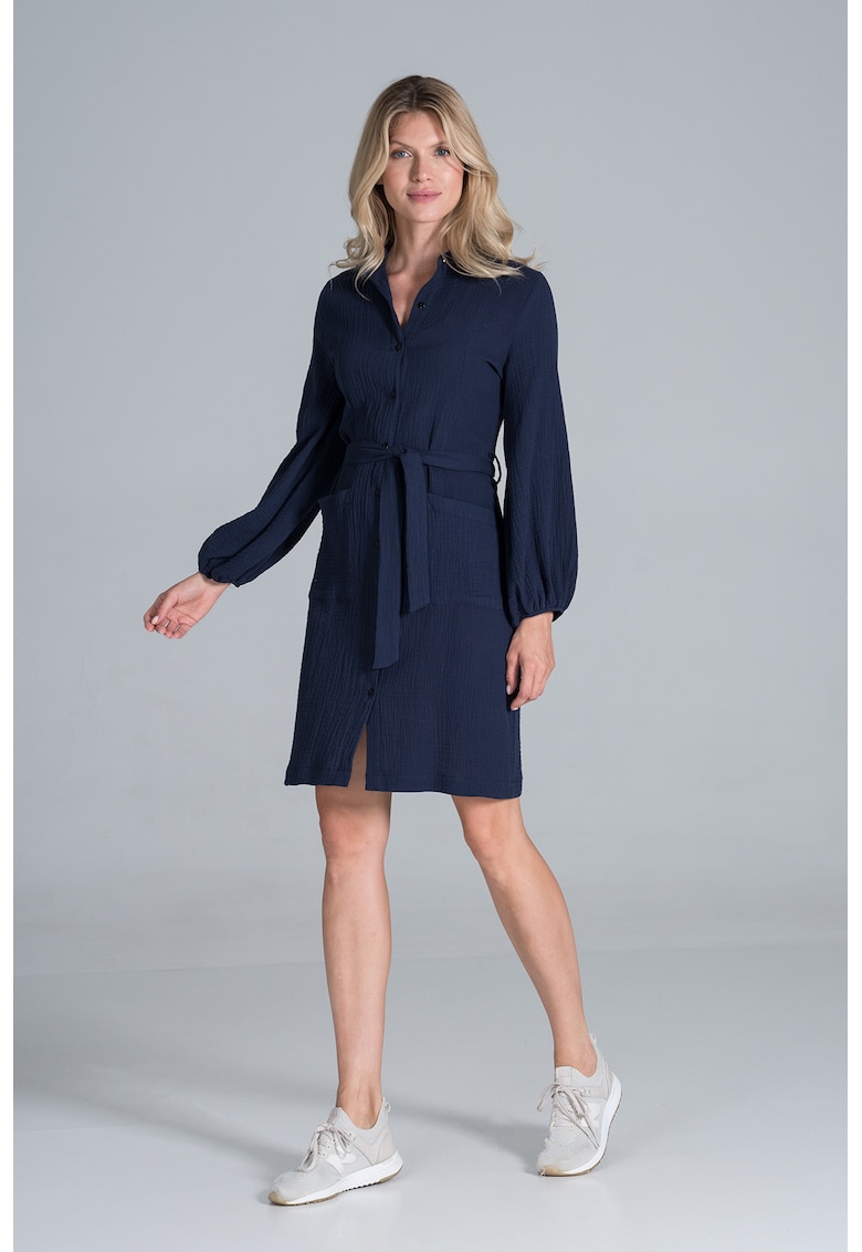 Rochie -  maneca lunga - bleumarin - bumbac