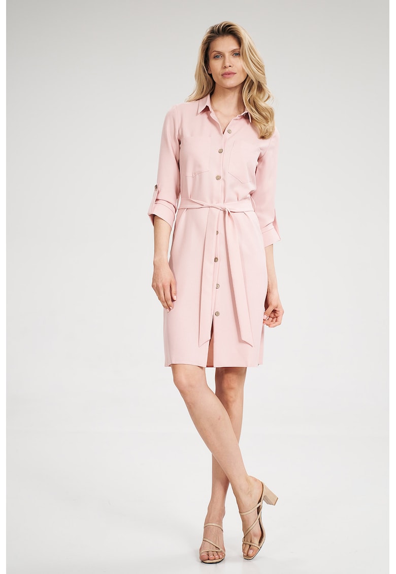Rochie camasa -  roz - cu centura si buzunare - maneci 3/4 - poliester
