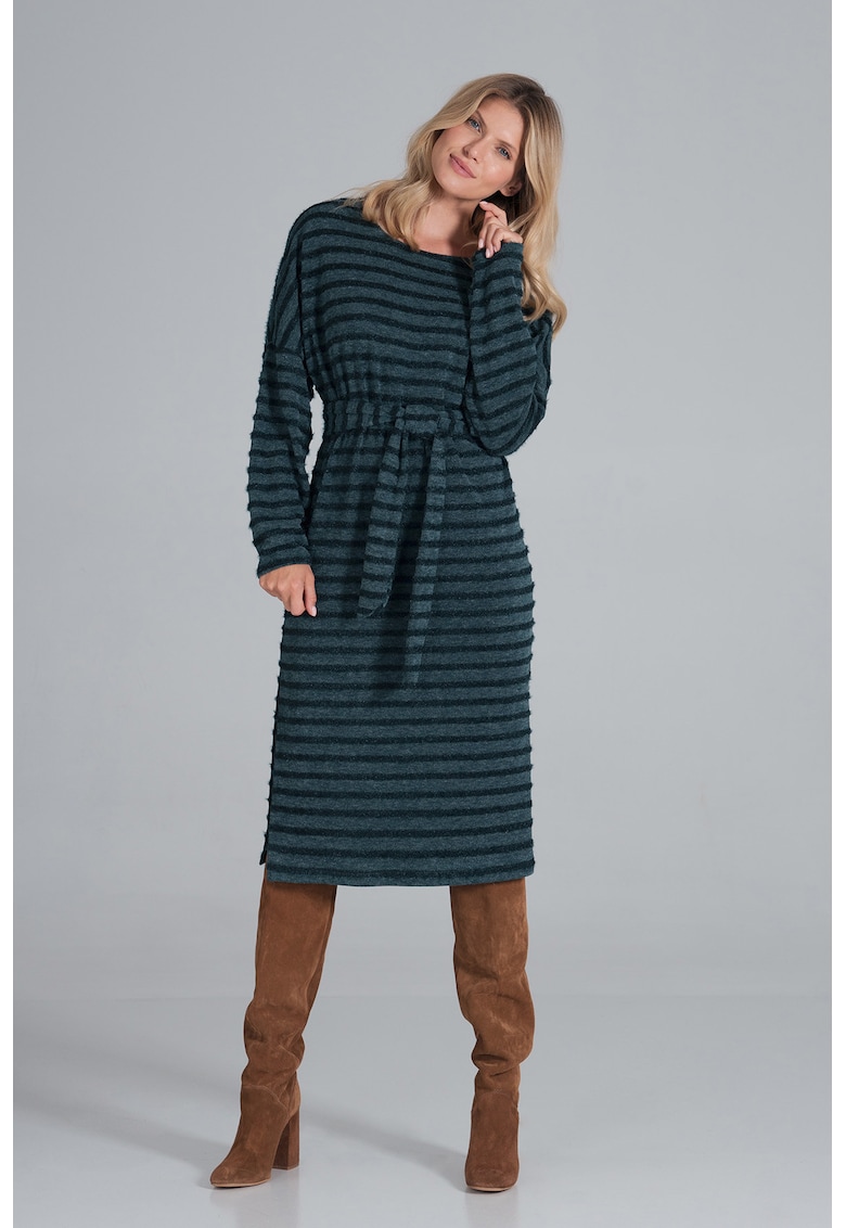 Rochie midi  verde cu dungi - tricotata - maneci lungi - poliester -