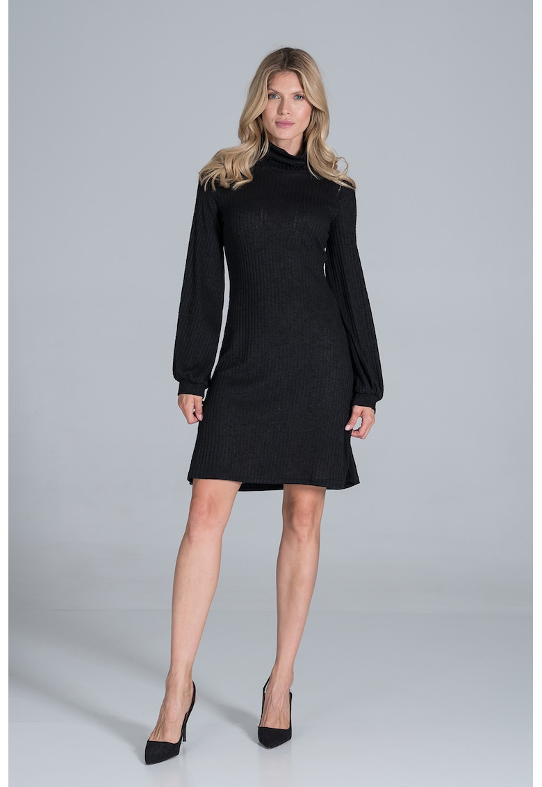 Rochie neagra  M831 - eleganta - cu maneci lungi bufante - 65% poliester - 30% viscoza