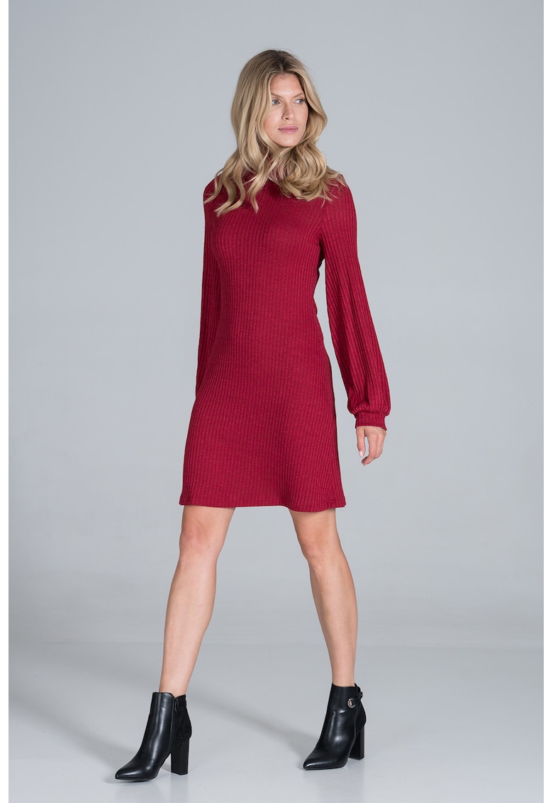 Rochie  rosie - cu maneci lungi bufante - poliester