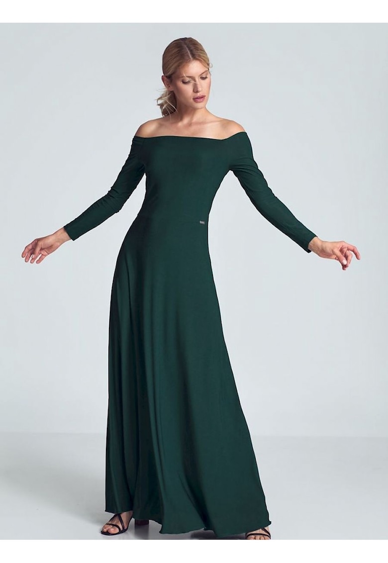 Rochie maxi  verde - cu maneci lungi - decolteu mare - pliuri in zona pieptului - cusuta in talie - elastan 5% - poliester 95%
