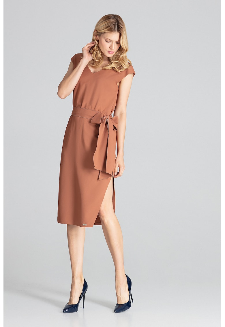 Rochie midi  M674 - eleganta - maneci scurte - maro - poliester 100% -
