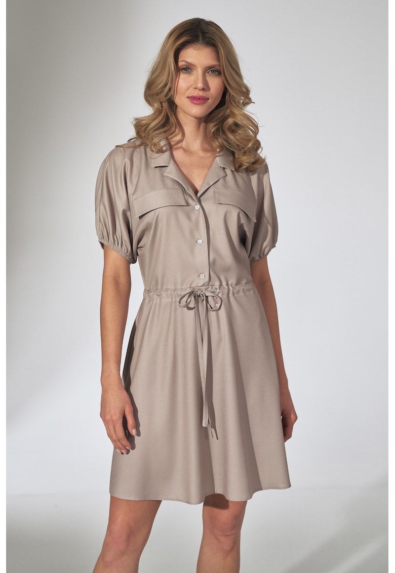 Rochie de vara -  descheiata - bej - maneca scurta - viscoza