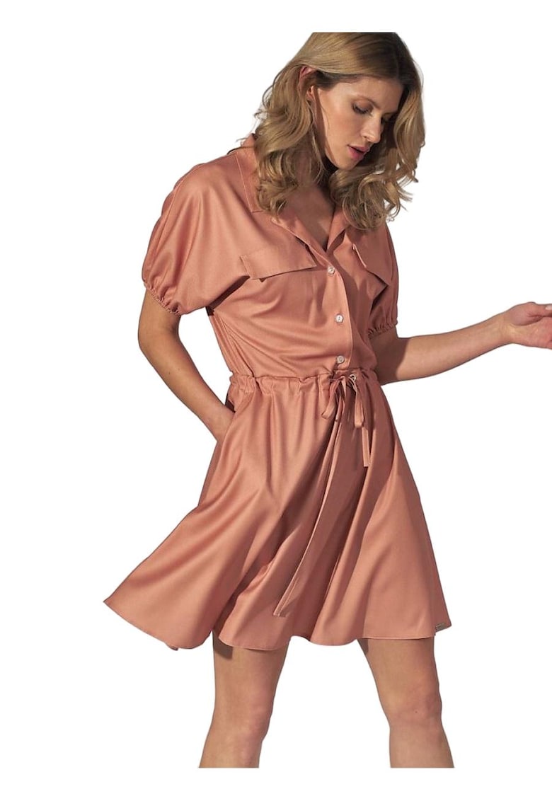 Rochie mini  portocalie - guler - maneci elastice - buzunare - material elastic - viscoza
