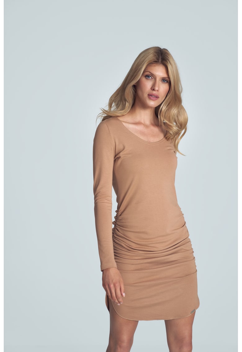Rochie scurta  bej - maneci lungi - viscoza