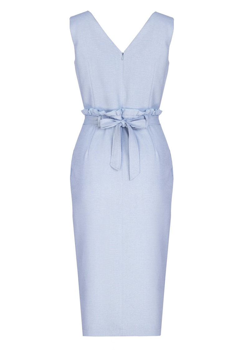 Rochie midi  albastra - cu curea - decolteu in V - din poliester -