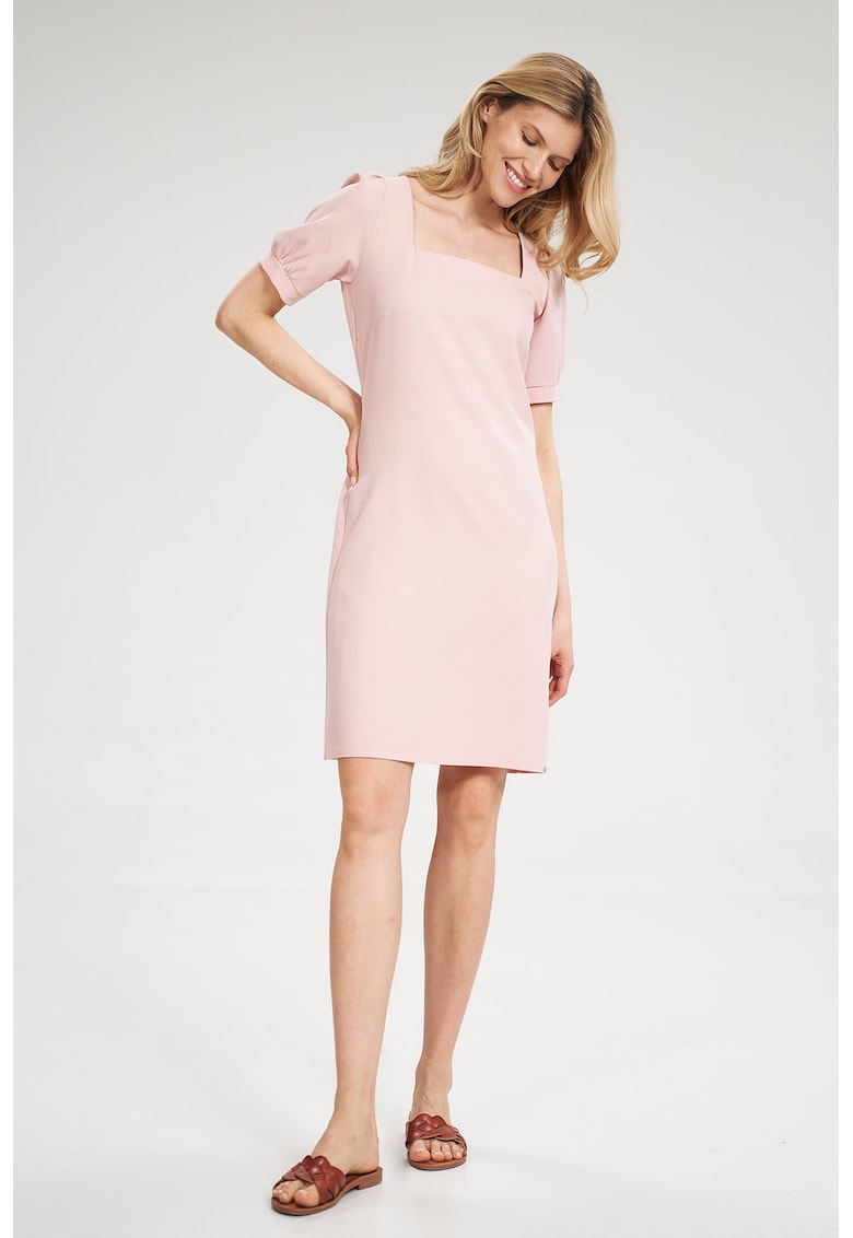 Rochie mini -  roz - decolteu patrat - maneci scurte - poliester