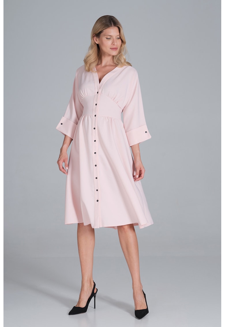 Rochie midi -  roz - maneci 3/4 - pentru purtarea zilnica - poliester