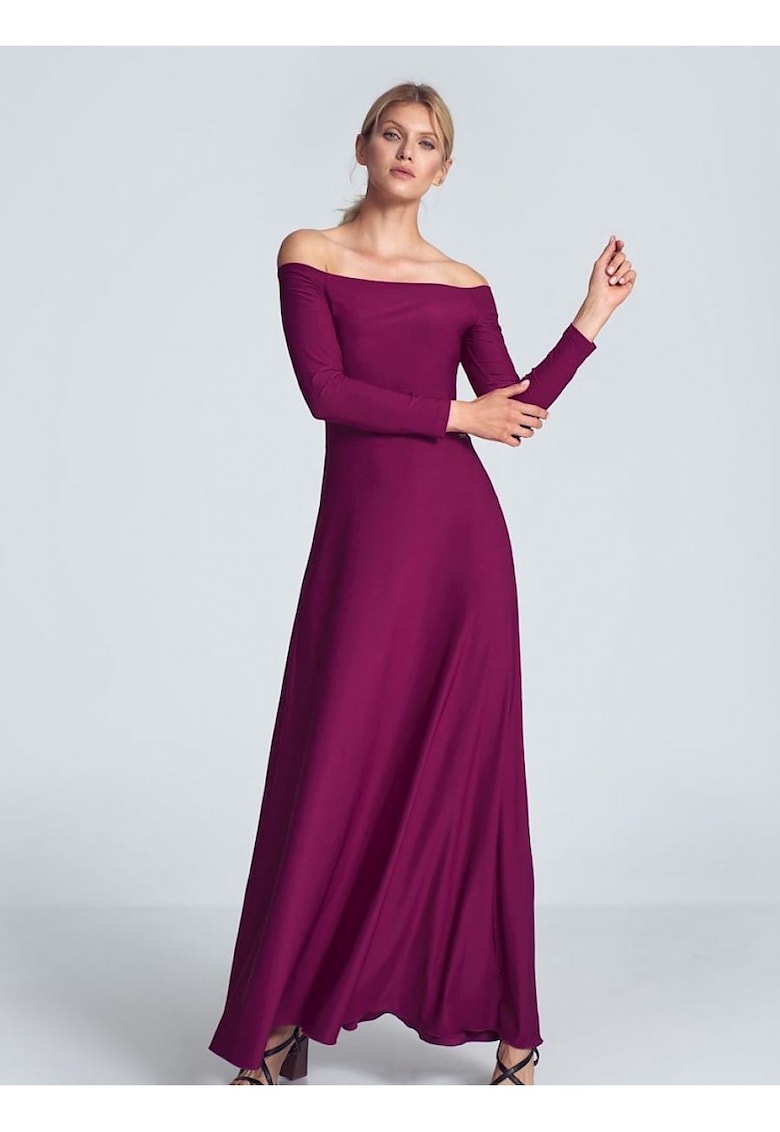 Rochie maxi  fuchsia - cu maneci lungi - decolteu mare - pliuri la piept - elastan 5% - poliester 95%