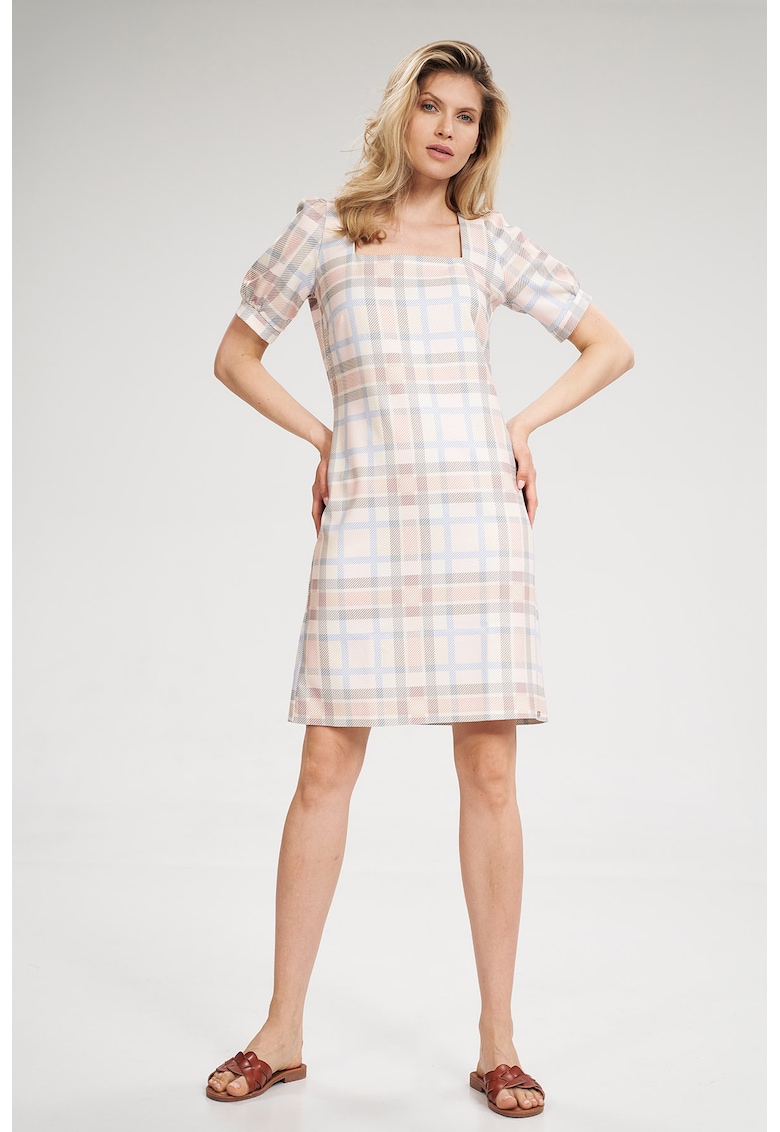 Rochie de vara  M704 - ecru cu accente multicolore - poliester - decolteu patrat - maneci scurte