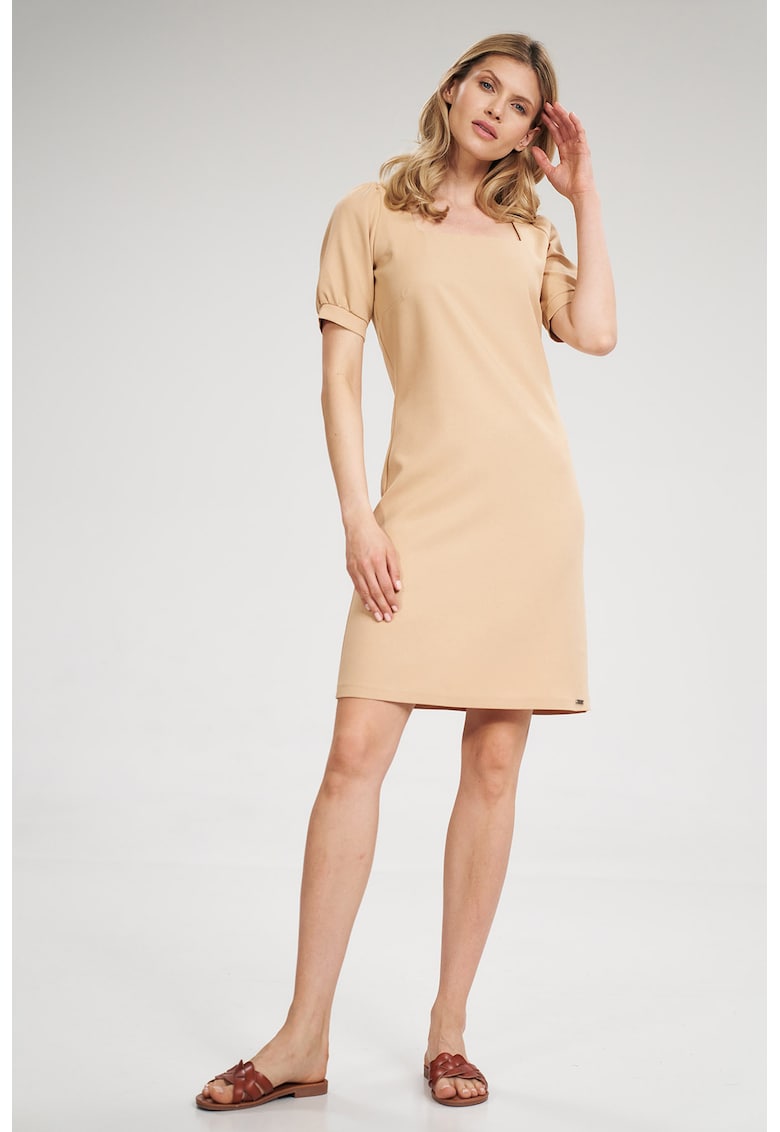 Rochie mini  decolteu patrat - maneci scurte - bej - poliester